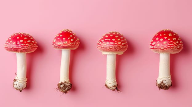 A row of four different types of mushrooms on a pink background