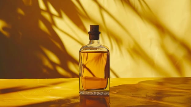 A bottle of liquor on a table with the sun shining through