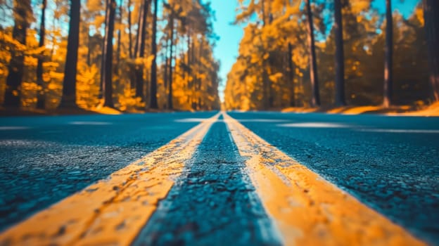 A road with yellow lines in the middle of a forest