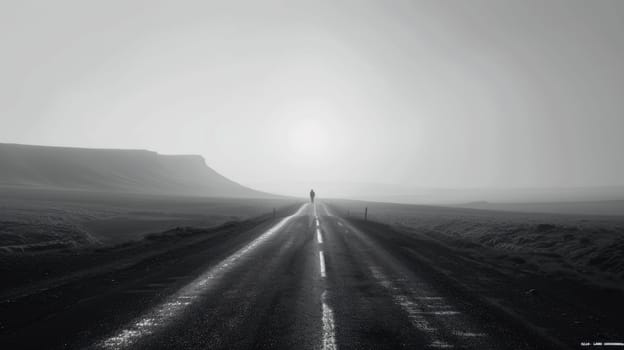 A lone person walking down a lonely road in the middle of nowhere