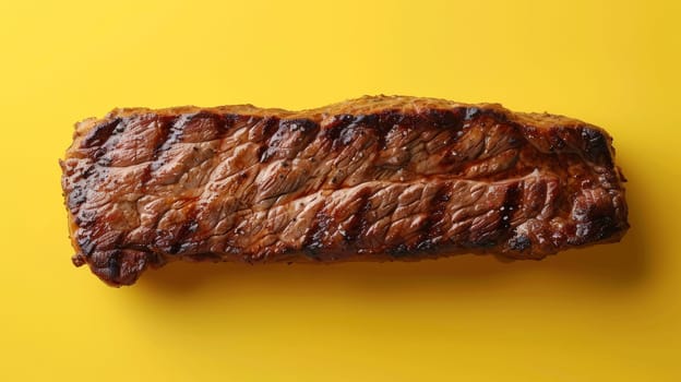 A piece of meat is on a yellow background with some sauce