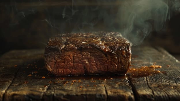 A steak is being cooked on a wooden table with smoke