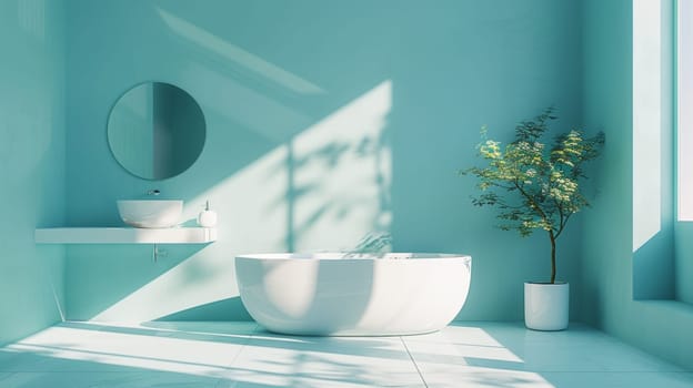 A bathroom with a white tub and sink in blue walls