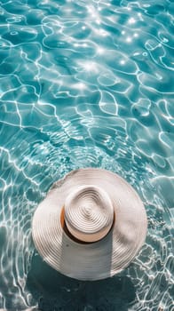 A hat floating in the water with a blue sky behind it