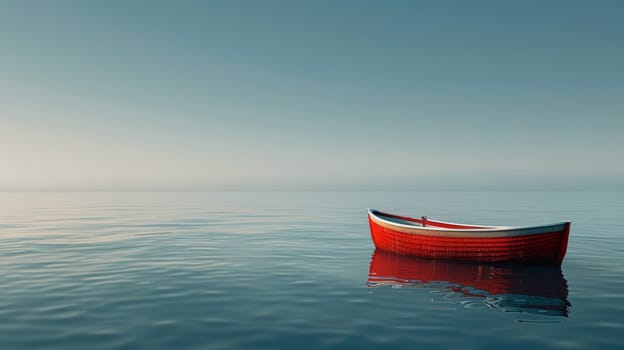 A small boat floating in the middle of a large body of water