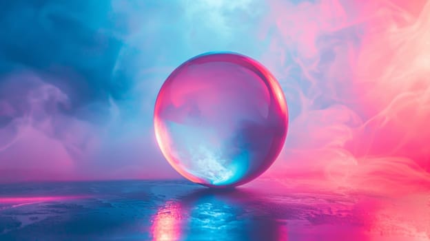 A glass ball sitting on a colorful background with smoke