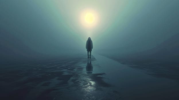 A person walking in the fog with a light shining behind them