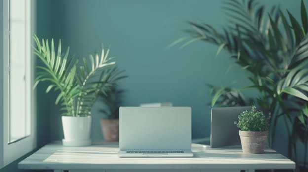 A laptop computer sitting on a desk next to two potted plants