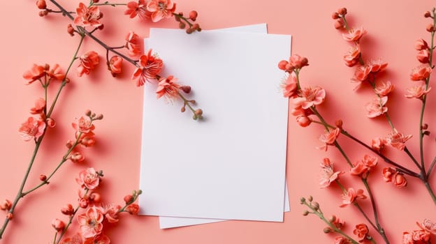 A white paper with flowers and branches on a pink background