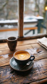 A cup of coffee is on a table next to two cups