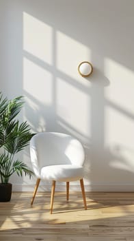 A white chair sitting on a wooden floor next to some plants