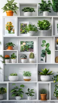 A wall of shelves with potted plants and pictures on them