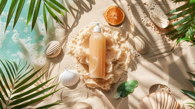 A bottle of lotion on a beach surrounded by shells and palm trees