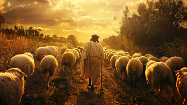 A man walking through a field of sheep with the sun behind him