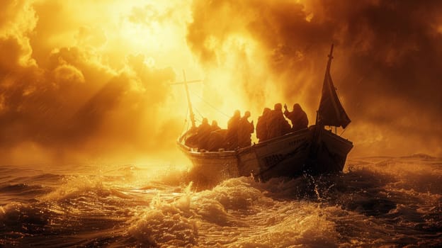 A boat with people on it in the ocean during a storm