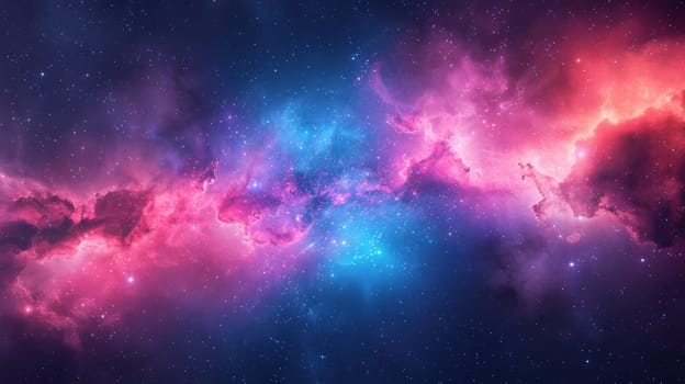 A colorful nebula in space with a bright blue and pink color