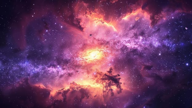 A purple and orange nebula in space with stars