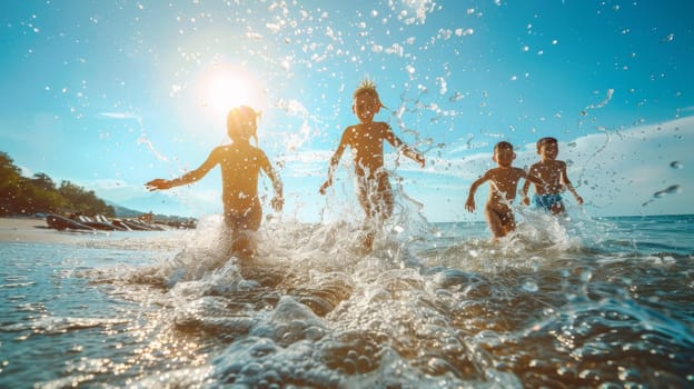 Three children playing in the water at a beach