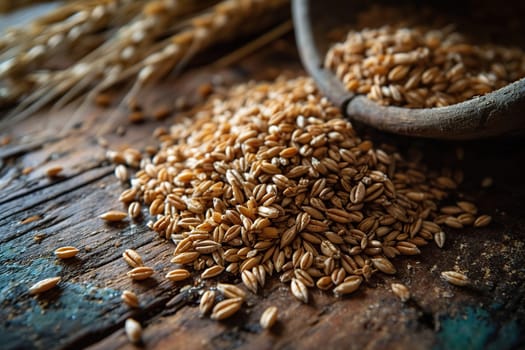 A pile of grain with ears on a wooden surface, top view.