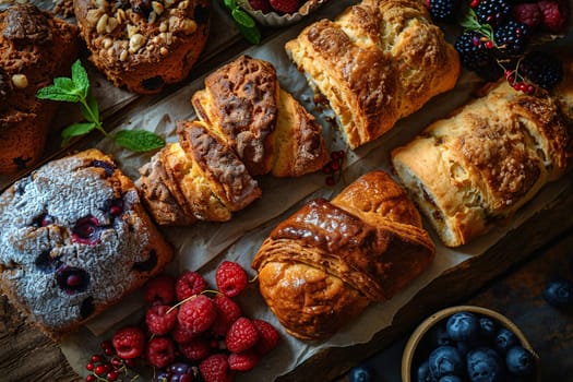 A set of delicious fresh buns on parchment close-up.