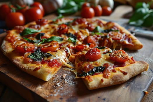Large vegetarian pizza with cherry tomatoes and herbs on a wooden tray.