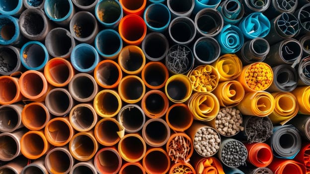 A large pile of pipes stacked up in a warehouse