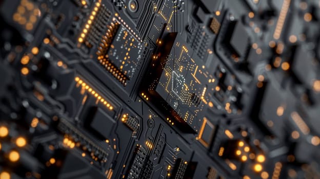 A close up of a circuit board with many lights on it