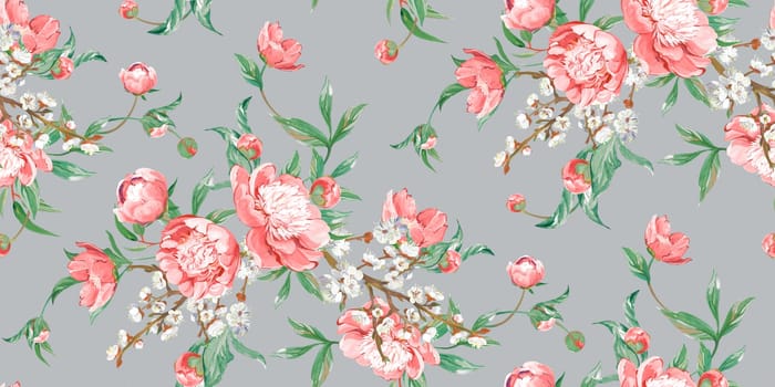 Seamless realistic pattern drawn with pink peonies in a classic oriental style