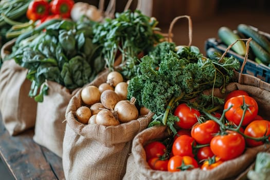 Craft bags with fresh vegetables on a wooden background.