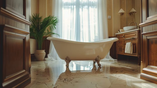 A bathtub sitting in a bathroom next to the window