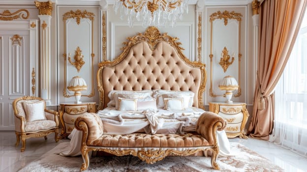 A large bed with a white and gold headboard in the middle of it