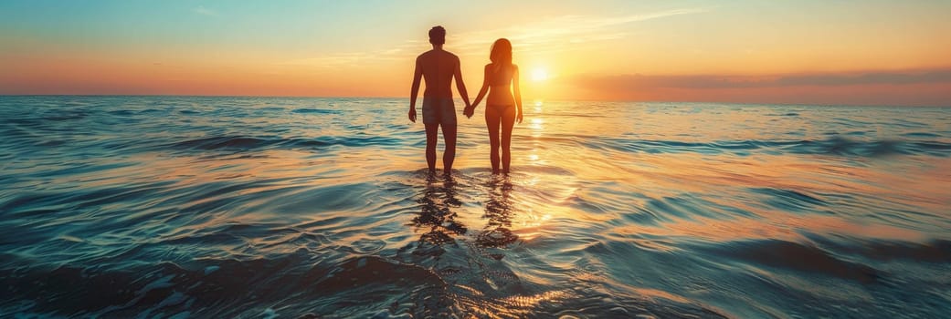 Two people standing in the ocean holding hands at sunset