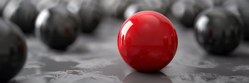 A red ball is surrounded by black spheres on a gray background