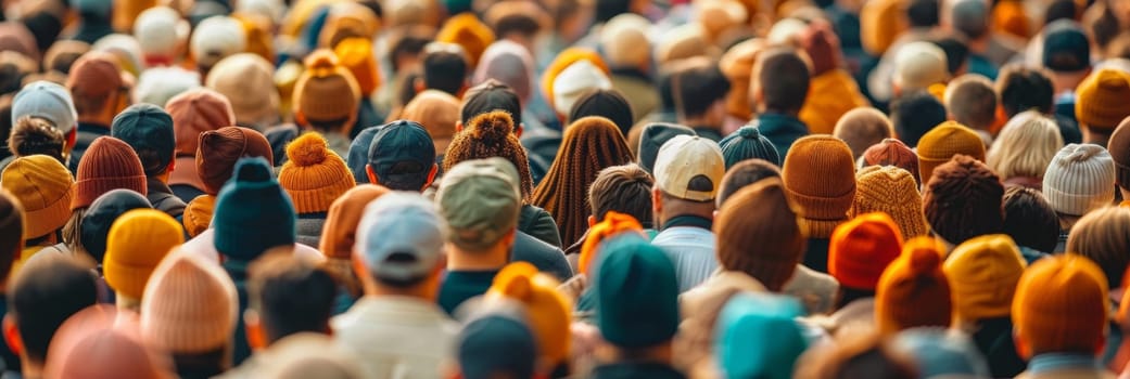 A crowd of people wearing hats and scarves in a large group