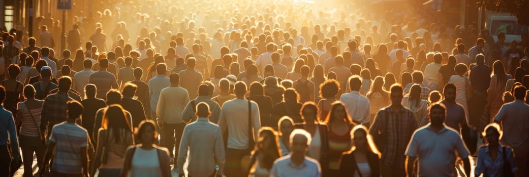 A large group of people walking down a street at sunset