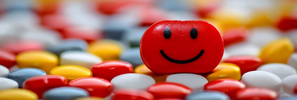 A smiley face is surrounded by colorful pills and candy