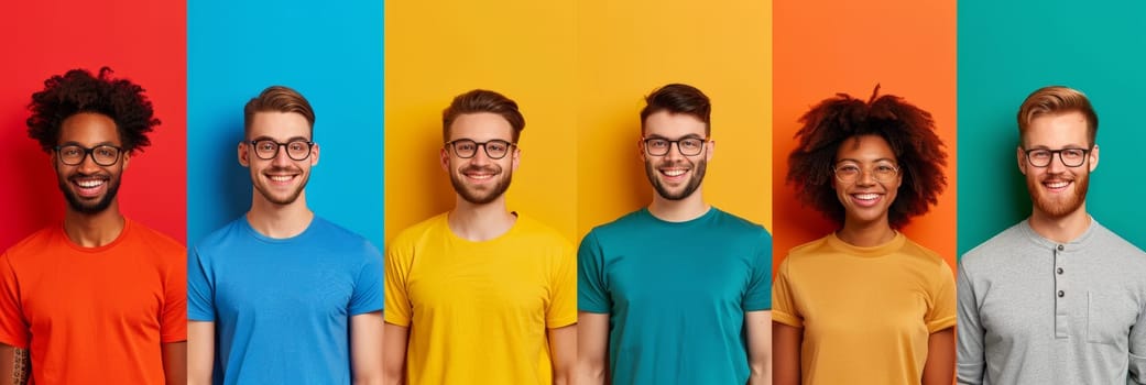 A group of people with different colored shirts and glasses