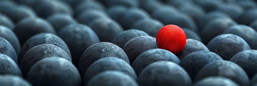 A red ball in a sea of blue stones with one stone standing out