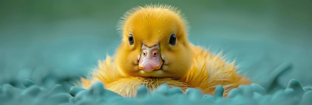 A close up of a duckling with its head sticking out