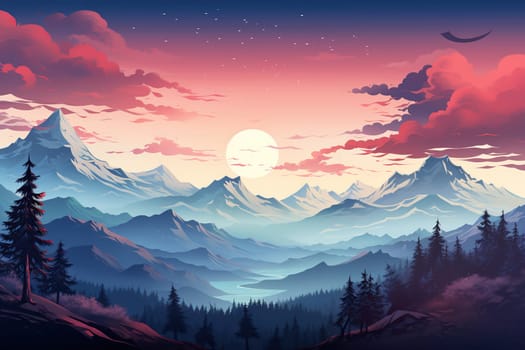 Beautiful illustration of a mountain landscape at sunset or dawn.