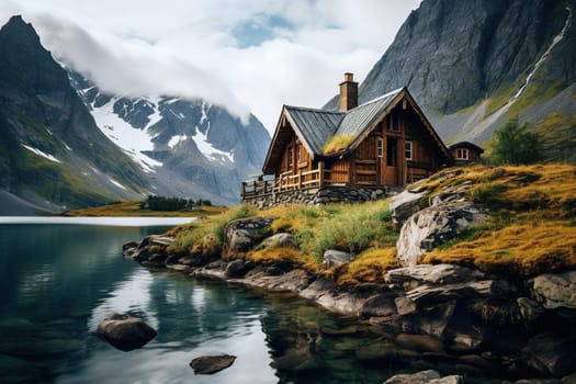 Vintage wooden house on a rocky seashore.