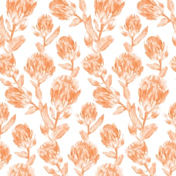 Seamless monochrome watercolor pattern with vertical protea flowers for textile and surface design