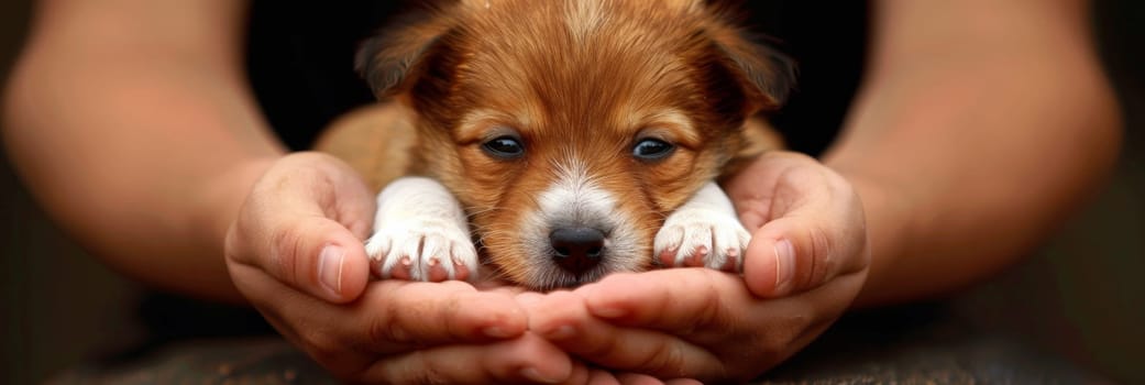 A small brown and white puppy sitting in a persons hands