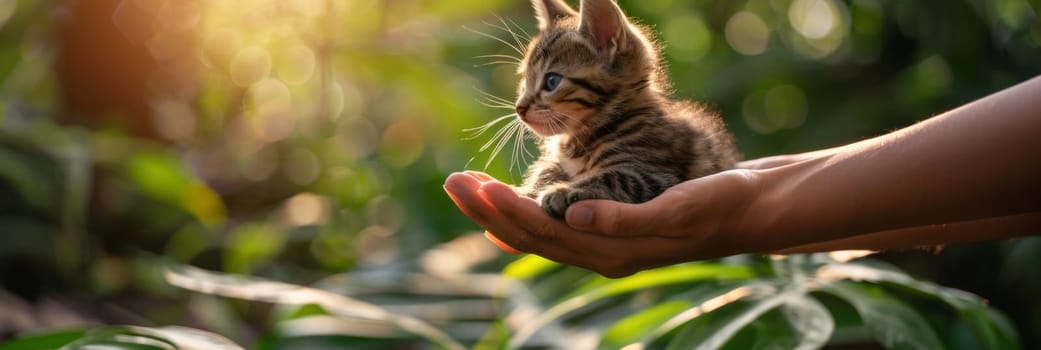 A small kitten sitting in a persons hand with green leaves