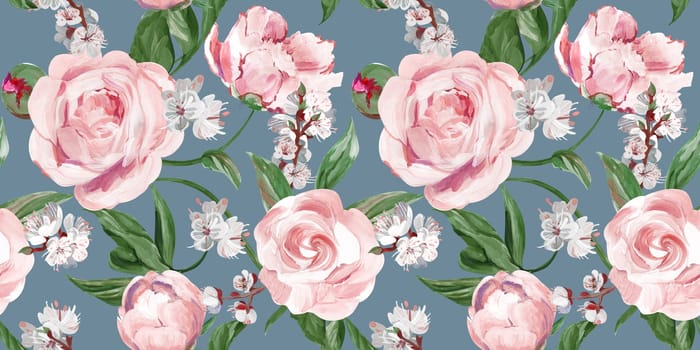 Spring seamless pattern with rose flowers and sakura blossoms for delicate home design feminine decor
