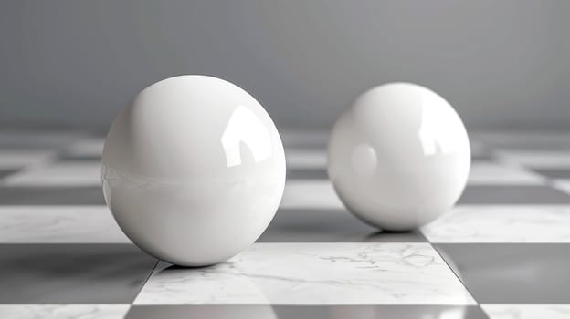 Two white eggs on a checkered floor with one egg in front of the other