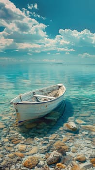 A boat is floating on the water in a shallow area