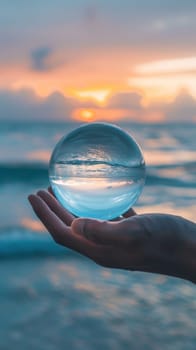 A person holding a glass ball with the ocean in front of it