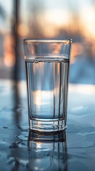 A glass of water sitting on a table with some reflections