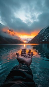 A person's hand is reaching out to the sky